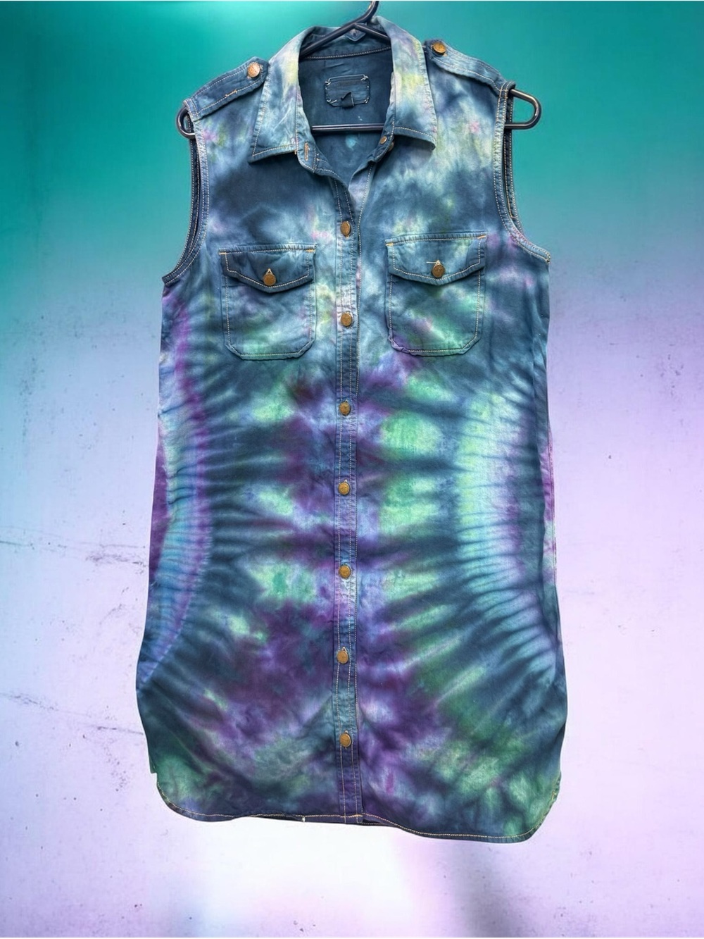 Current Elliott Tie-Dye Sleeveless Denim Shirt Dress - Blue Green Purple